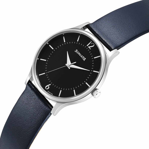 Sonata Aspire Quartz Analog Black Dial Blue Leather Strap Watch for Men