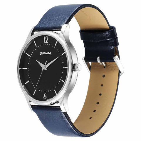 Sonata Aspire Quartz Analog Black Dial Blue Leather Strap Watch for Men