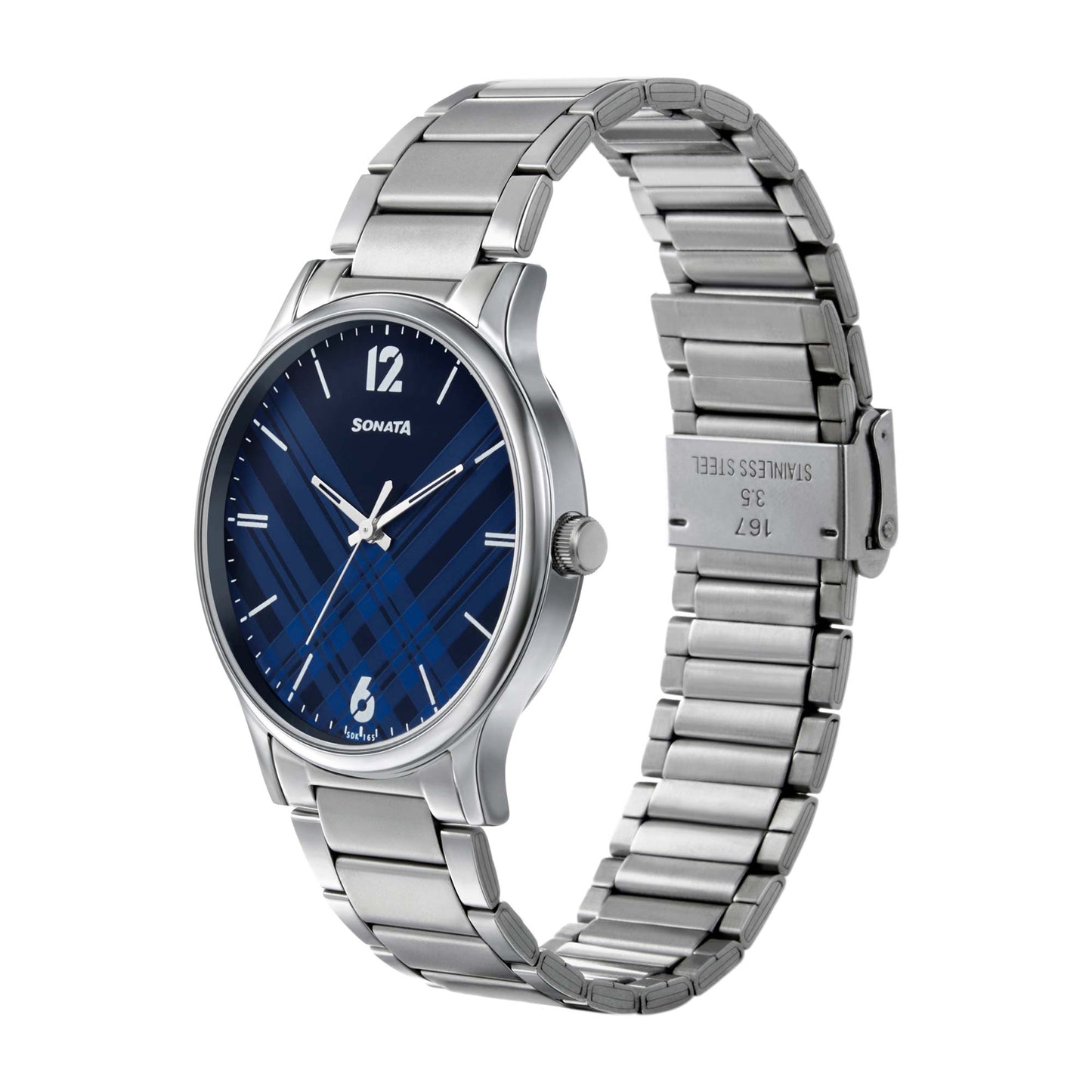 Sonata Smart Plaid Quartz Analog Blue Dial Stainless Steel Strap Watch for Men