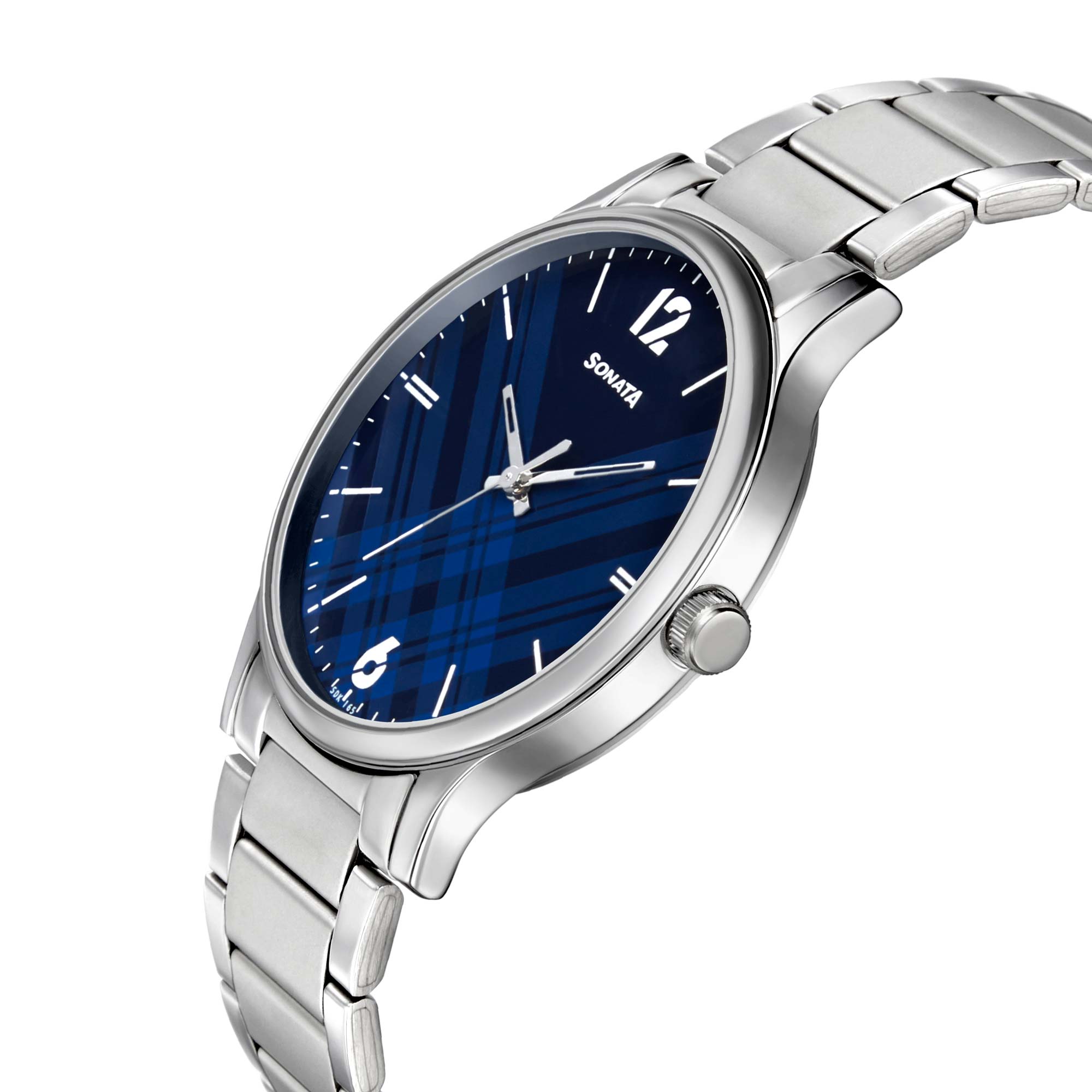 Sonata Smart Plaid Quartz Analog Blue Dial Stainless Steel Strap Watch for Men