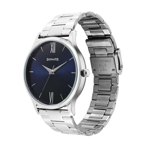 Sonata Aspire Quartz Analog Blue Dial Stainless Steel Strap Watch for Men
