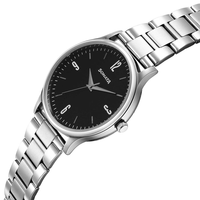Sonata Aspire Quartz Analog Black Dial Stainless Steel Strap Watch for Men