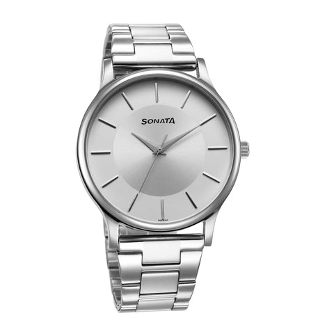 Sonata Aspire Quartz Analog Silver Dial Stainless Steel Strap Watch for Men