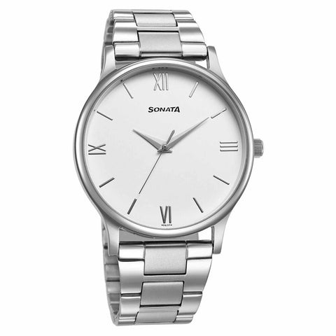 Sonata Aspire Quartz Analog White Dial Silver Stainless Steel Strap Watch for Men