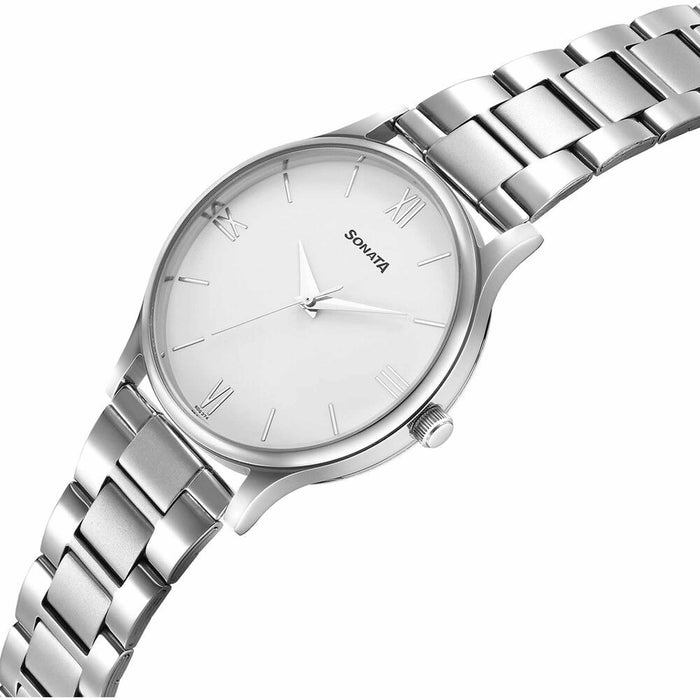Sonata Aspire Quartz Analog White Dial Silver Stainless Steel Strap Watch for Men