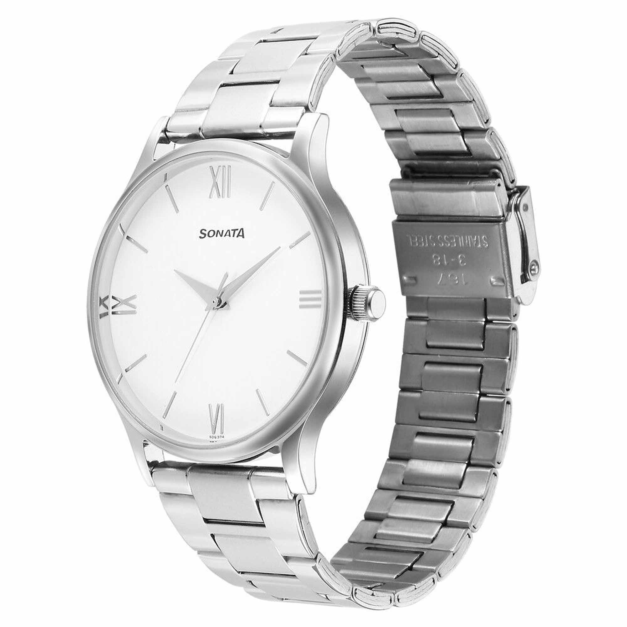 Sonata Aspire Quartz Analog White Dial Silver Stainless Steel Strap Watch for Men