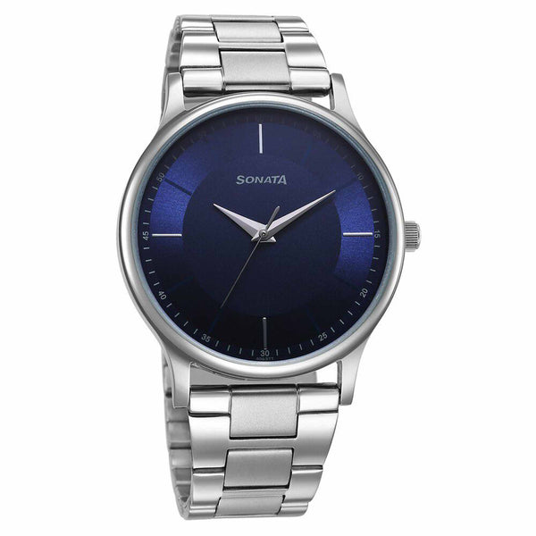 Sonata Blue Dial Silver Stainless Steel Strap Analog Watch for Men