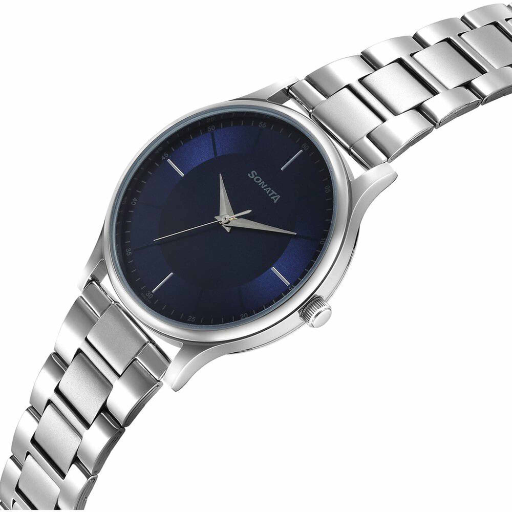 Sonata Blue Dial Silver Stainless Steel Strap Analog Watch for Men