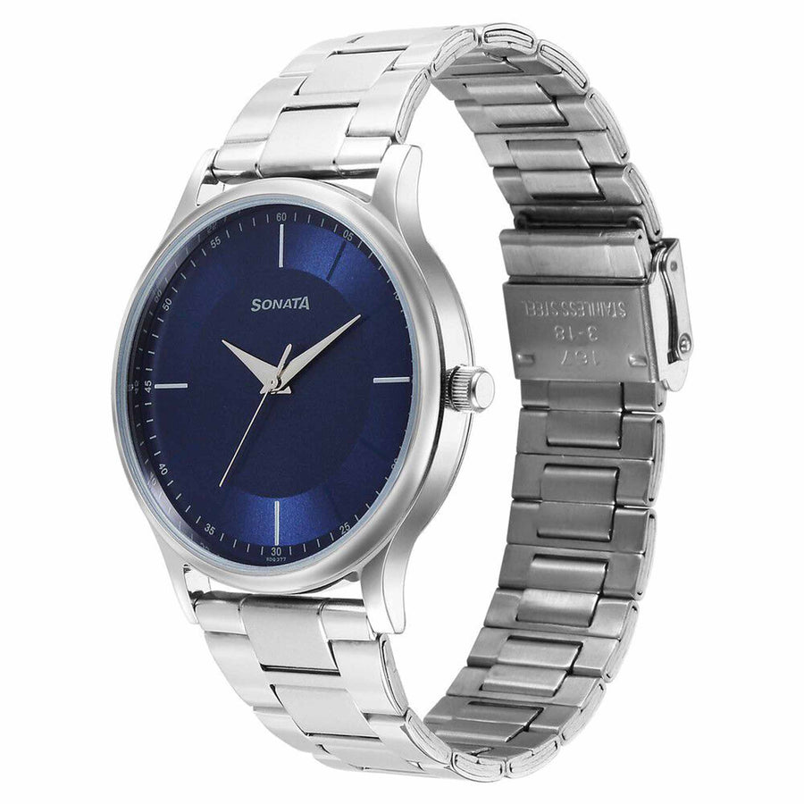Sonata Blue Dial Silver Stainless Steel Strap Analog Watch for Men