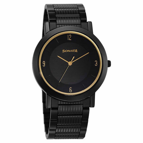 Sonata Utsav Quartz Analog Black Dial Stainless Steel Strap Watch for Men