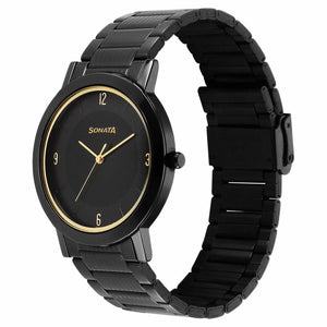 Sonata Utsav Quartz Analog Black Dial Stainless Steel Strap Watch for Men
