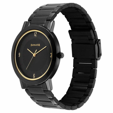 Sonata Utsav Quartz Analog Black Dial Stainless Steel Strap Watch for Men