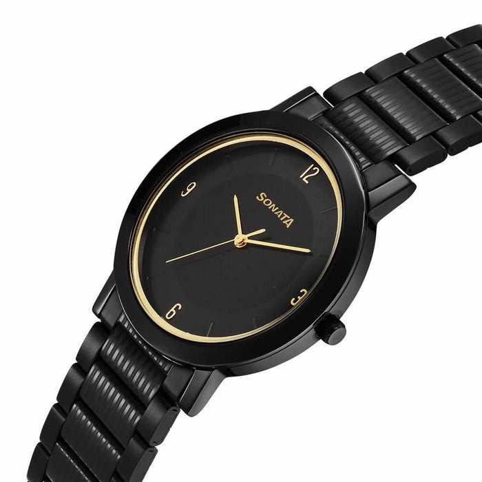 Sonata Utsav Quartz Analog Black Dial Stainless Steel Strap Watch for Men