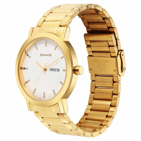 Sonata Utsav Quartz Analog with Day and Date White Dial Stainless Steel Strap Watch for Men