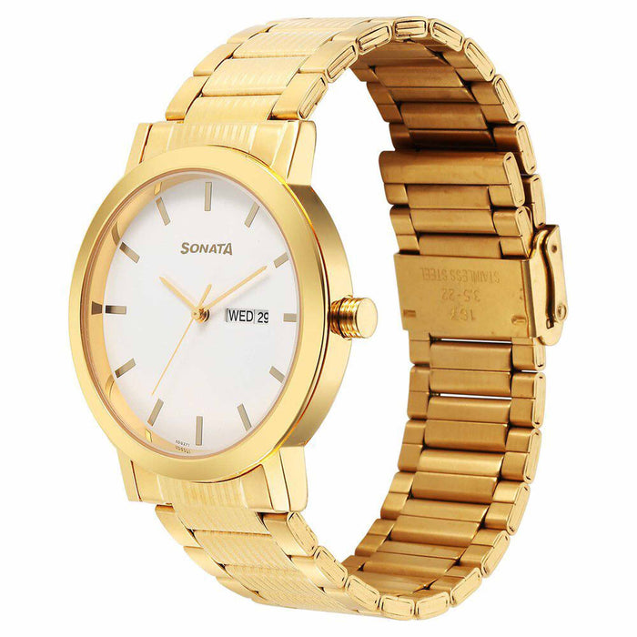 Sonata Utsav Quartz Analog with Day and Date White Dial Stainless Steel Strap Watch for Men