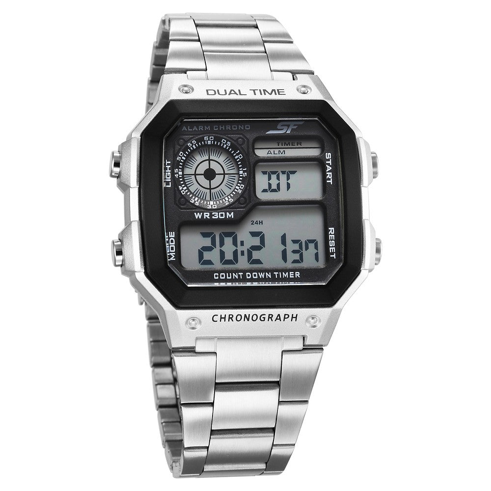 SF Hexa Metal Digital Digital Black Dial Stainless Steel Strap Watch for Unisex