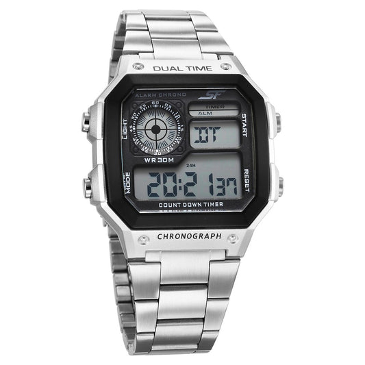 SF Hexa Metal Digital Digital Black Dial Stainless Steel Strap Watch for Unisex