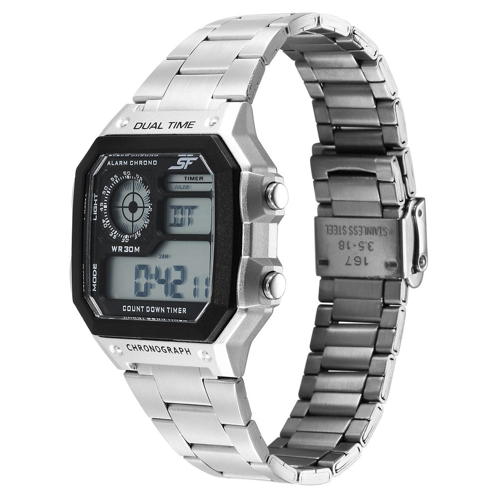 SF Hexa Metal Digital Digital Black Dial Stainless Steel Strap Watch for Unisex
