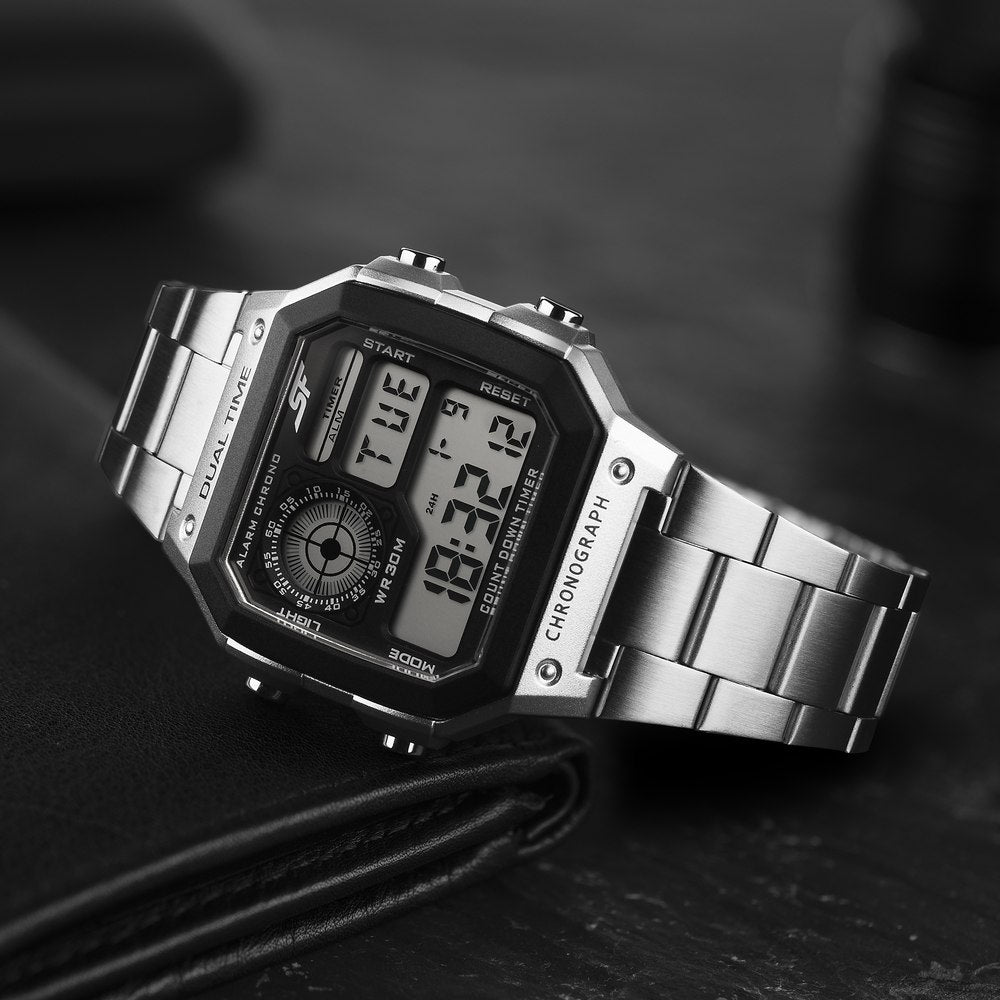 SF Hexa Metal Digital Digital Black Dial Stainless Steel Strap Watch for Unisex
