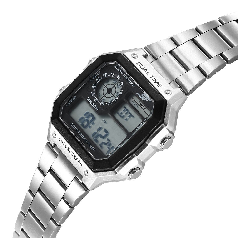 SF Hexa Metal Digital Digital Black Dial Stainless Steel Strap Watch for Unisex