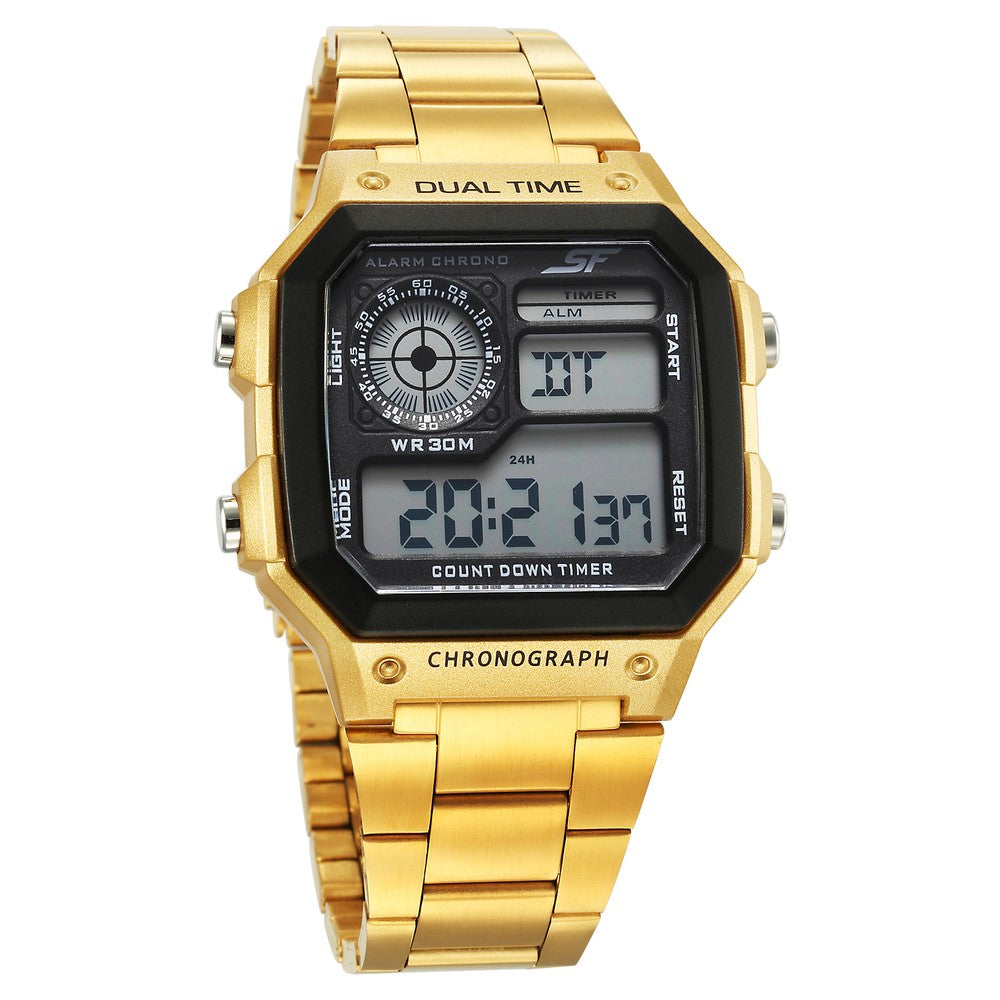 SF Hexa Metal Digital Digital Black Dial Stainless Steel Strap Watch for Unisex
