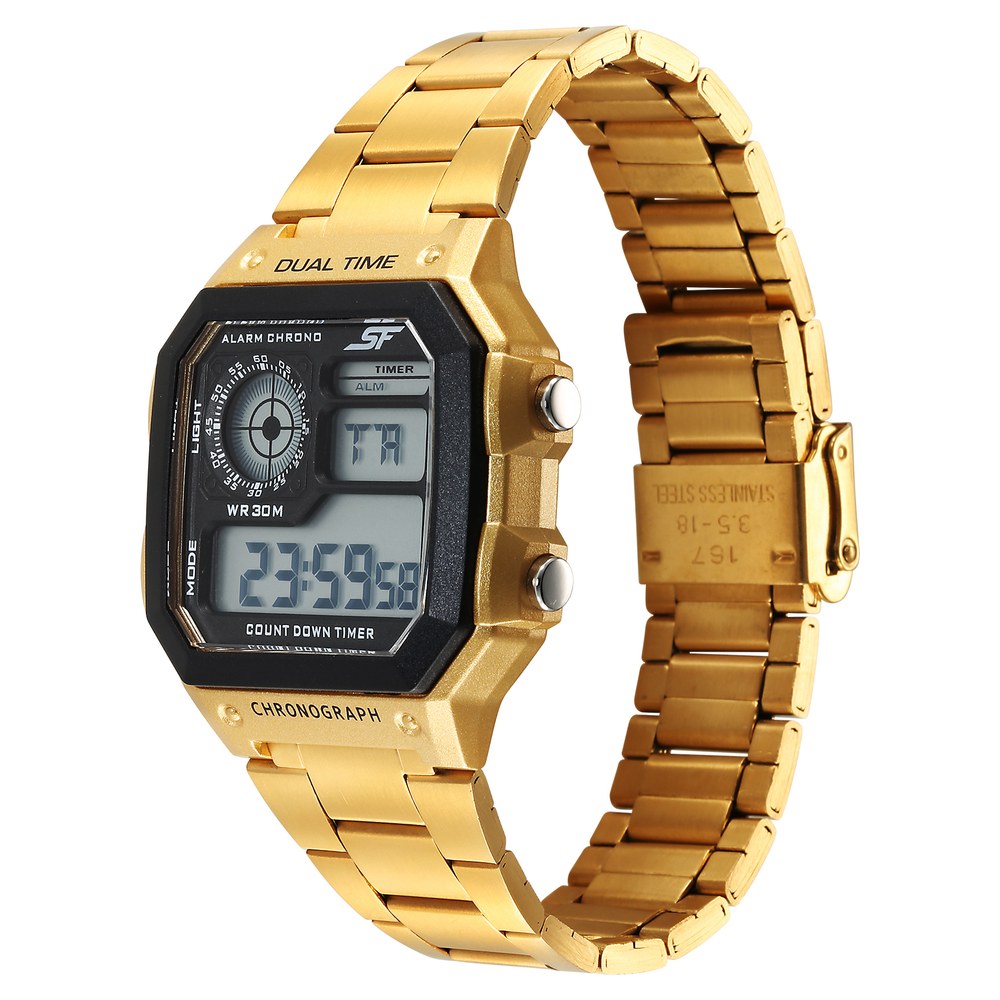 SF Hexa Metal Digital Digital Black Dial Stainless Steel Strap Watch for Unisex