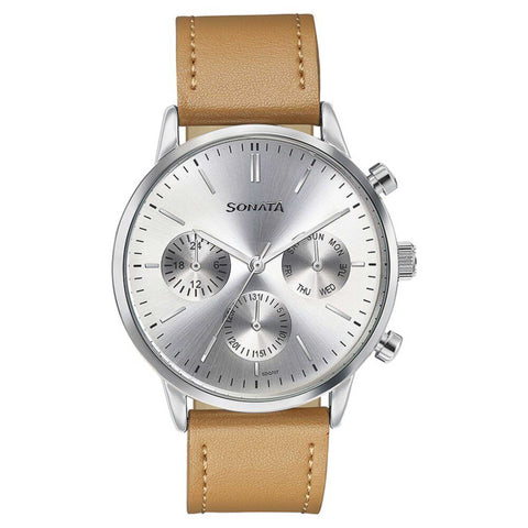 Sota Quartz Multifunction Silver Dial Brown Leather Strap Watch For Men (77139SL01)