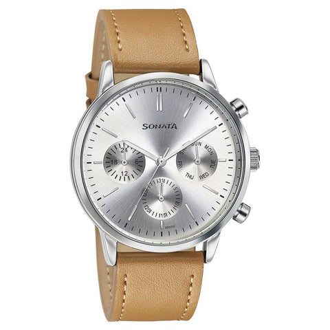Sota Quartz Multifunction Silver Dial Brown Leather Strap Watch For Men (77139SL01)