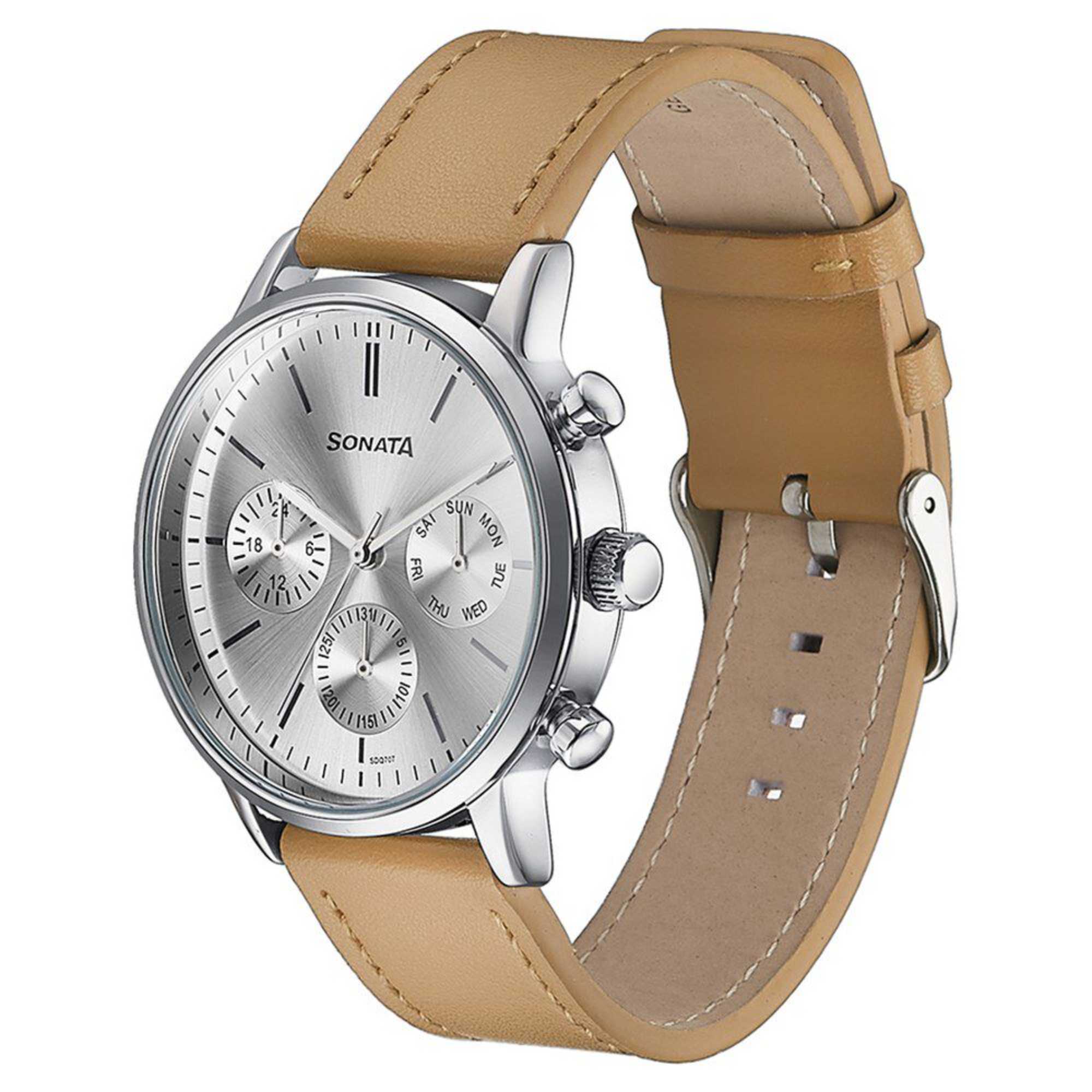 Sota Quartz Multifunction Silver Dial Brown Leather Strap Watch For Men (77139SL01)