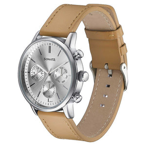 Sota Quartz Multifunction Silver Dial Brown Leather Strap Watch For Men (77139SL01)