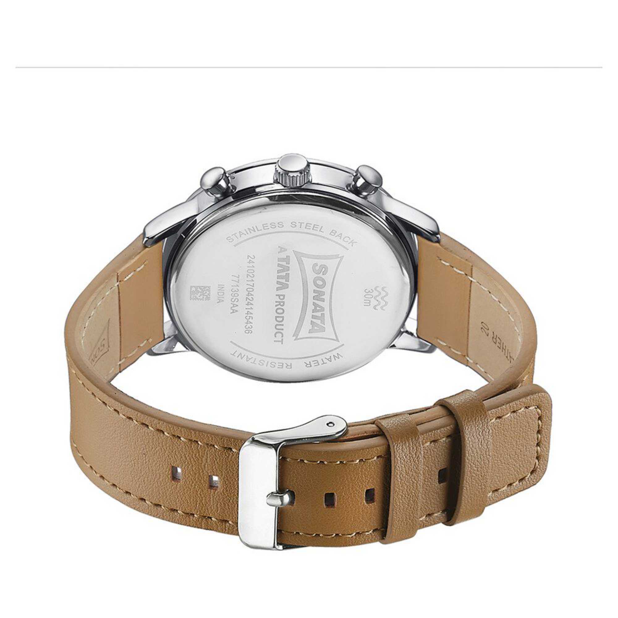 Sota Quartz Multifunction Silver Dial Brown Leather Strap Watch For Men (77139SL01)