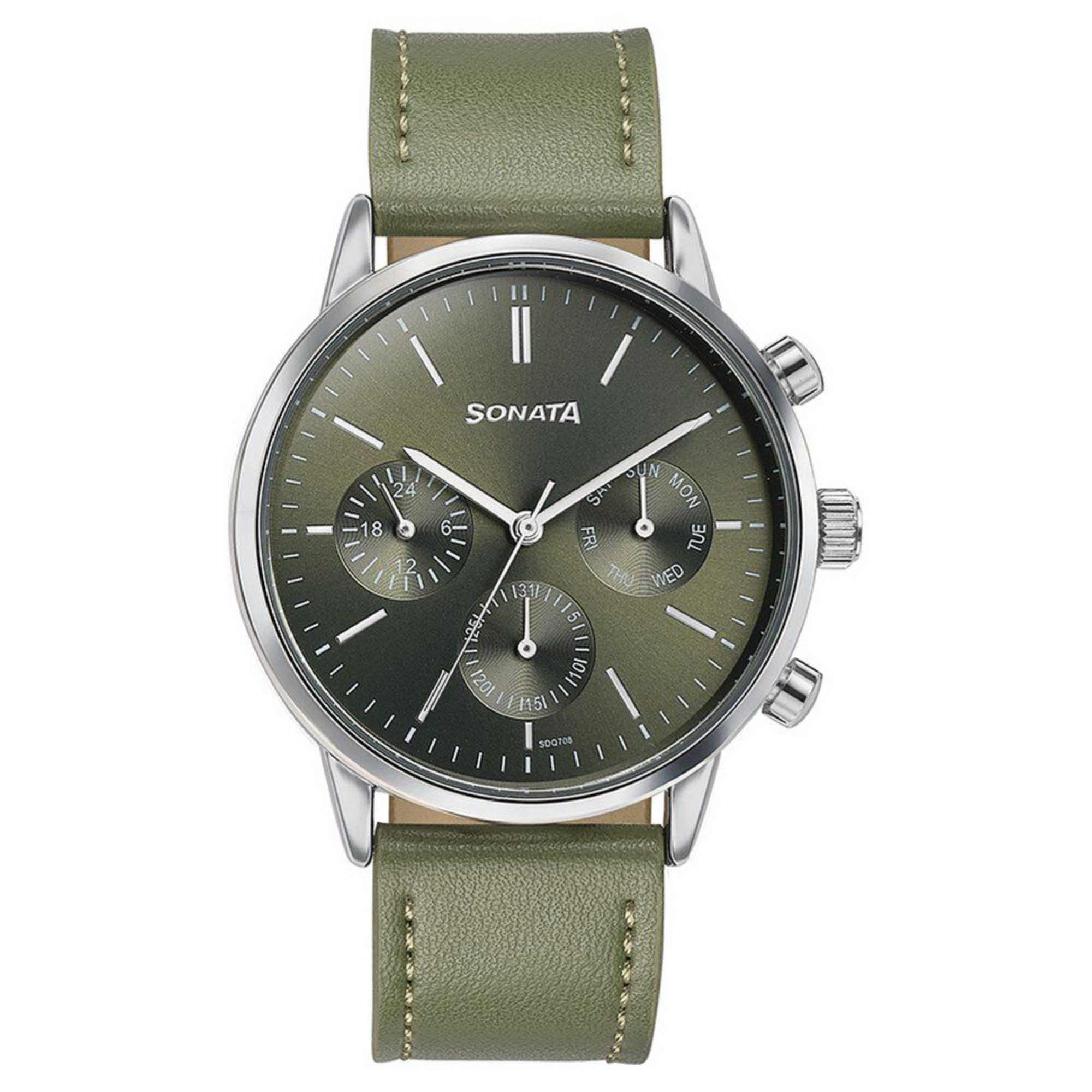 Sota Quartz Multifunction Green Dial Green Leather Strap Watch For Men (77139SL02)
