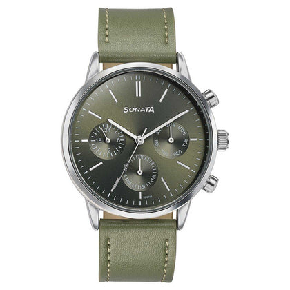 Sonata Quartz Multifunction Green Dial Green Leather Strap Watch For Men (77139SL02)