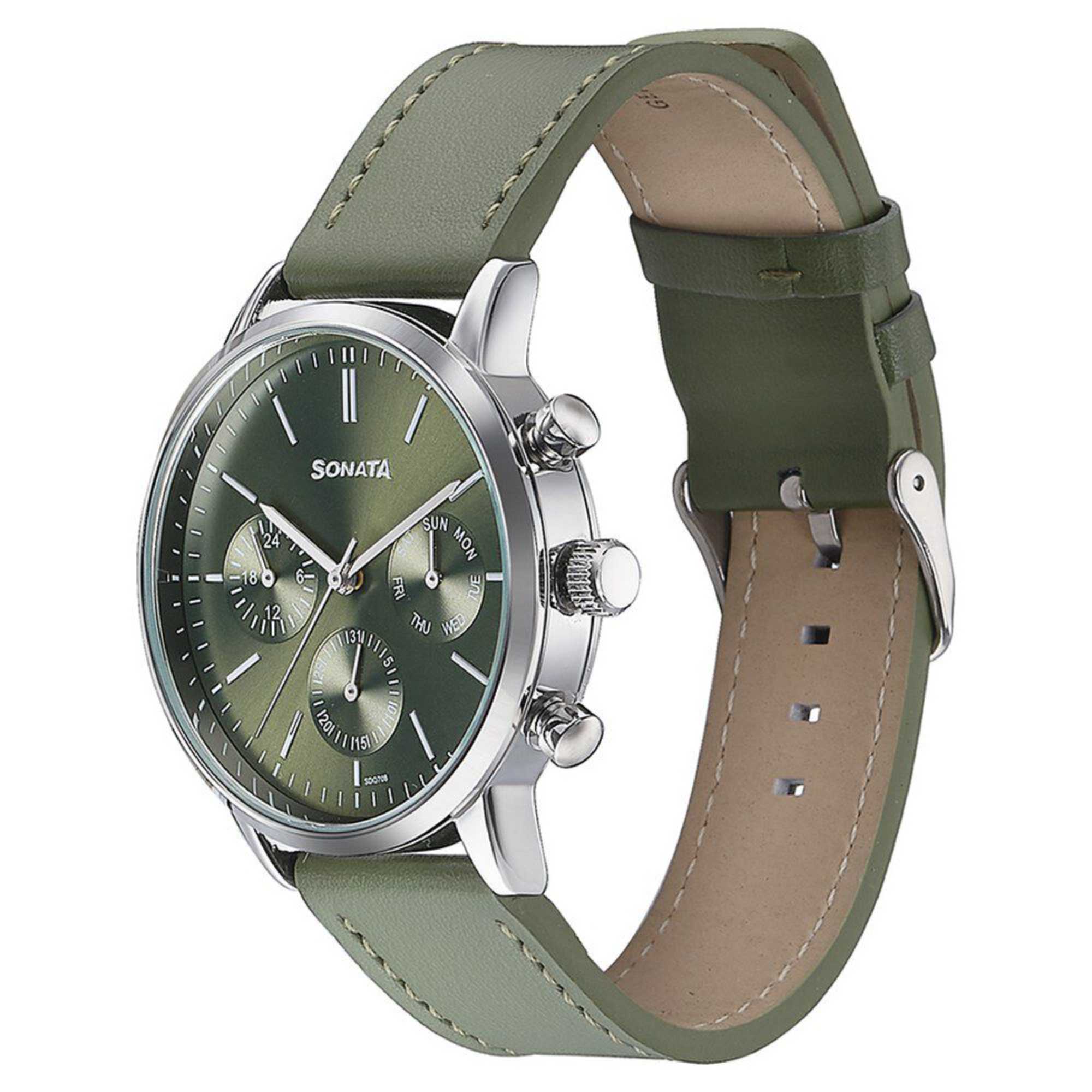 Sota Quartz Multifunction Green Dial Green Leather Strap Watch For Men (77139SL02)