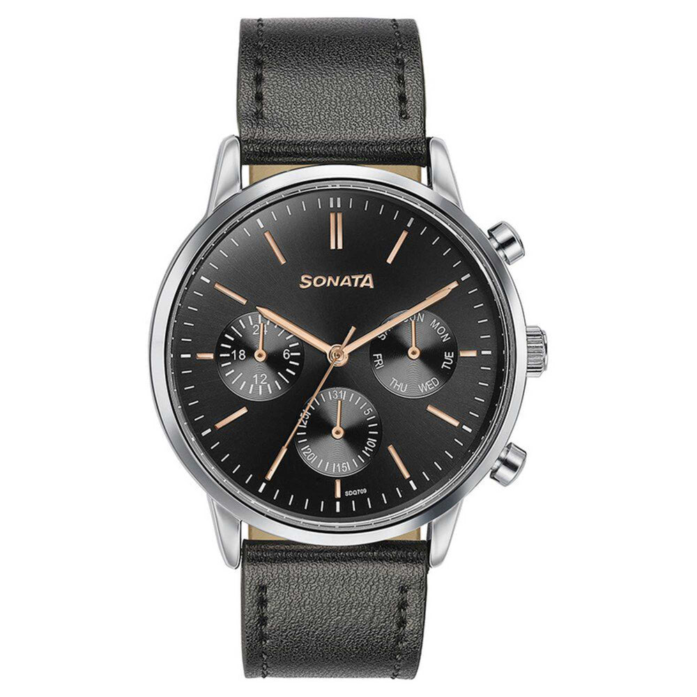 Sonata Quartz Multifunction Black Dial Black Leather Strap Watch For Men