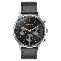 Sonata Quartz Multifunction Black Dial Black Leather Strap Watch For Men
