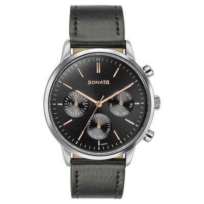 Sonata Quartz Multifunction Black Dial Black Leather Strap Watch For Men