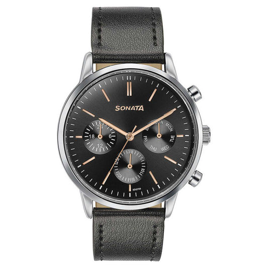 Sonata Quartz Multifunction Black Dial Black Leather Strap Watch For Men