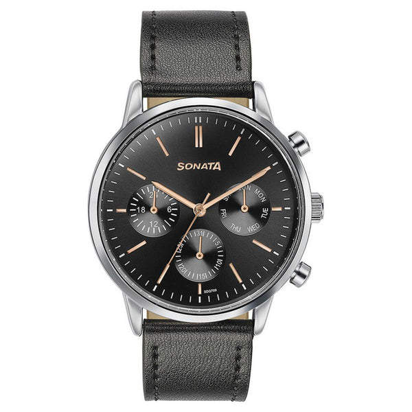 Sonata Quartz Multifunction Black Dial Black Leather Strap Watch For Men