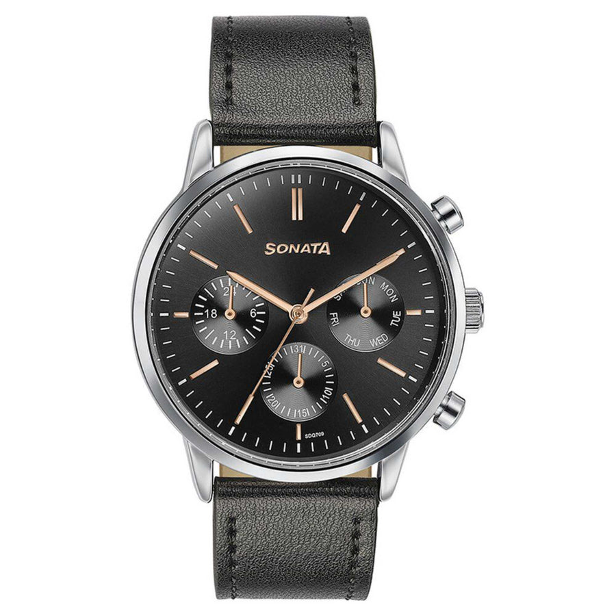 Sonata Quartz Multifunction Black Dial Black Leather Strap Watch For Men