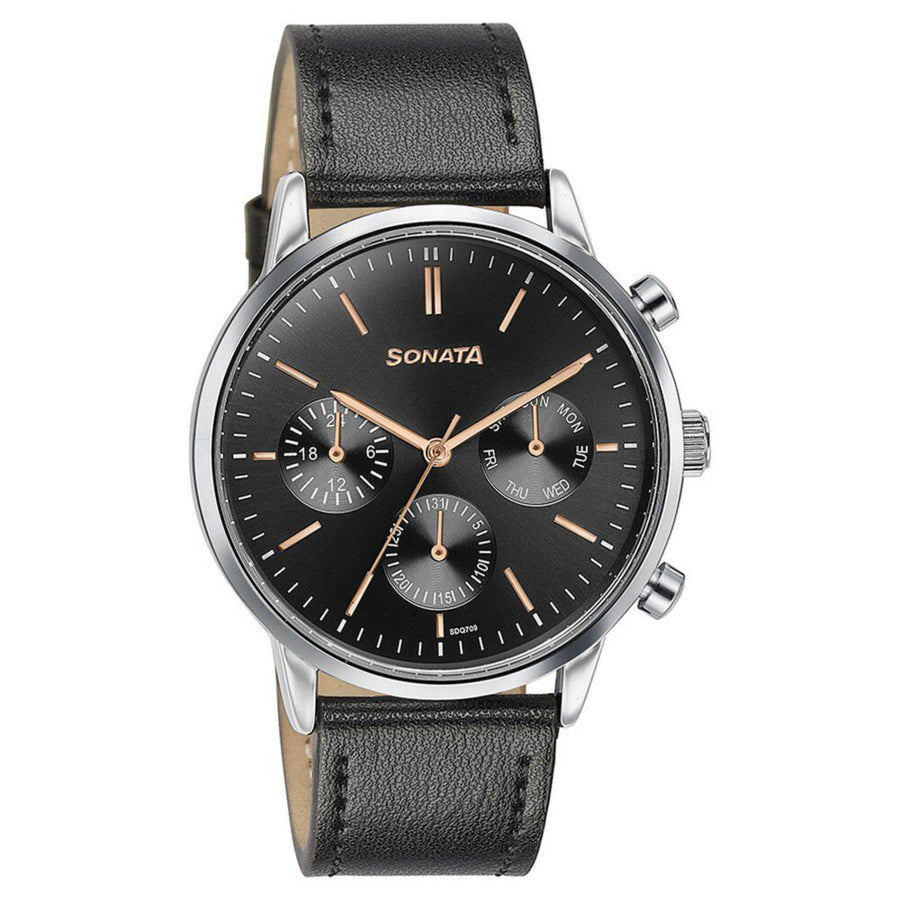 Sonata Quartz Multifunction Black Dial Black Leather Strap Watch For Men
