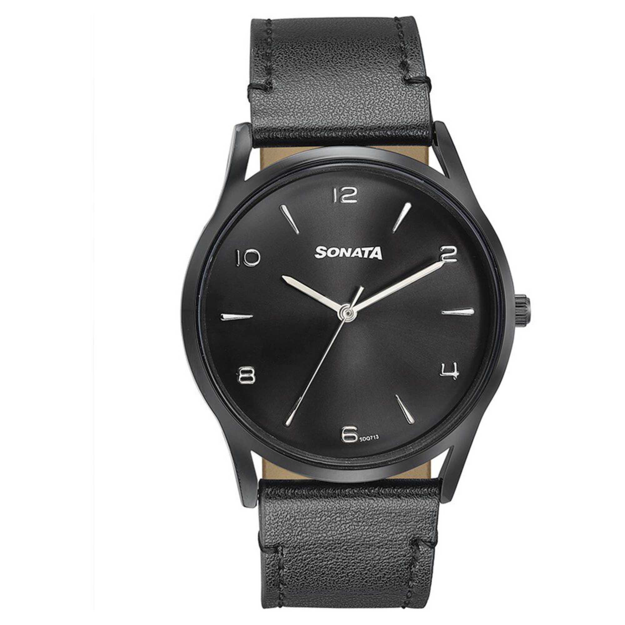 Sonata Quartz Analog Black Dial Black Leather Strap Watch For Men