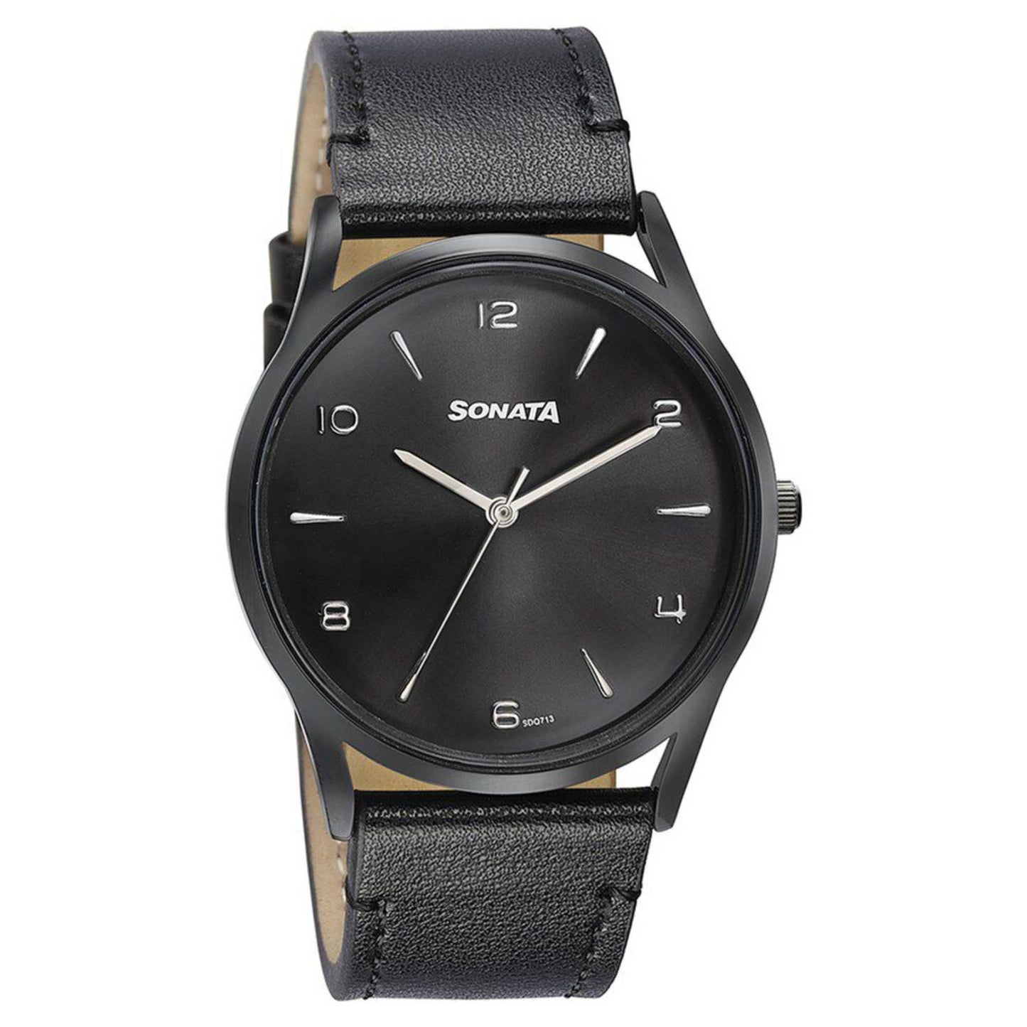 Sonata Quartz Analog Black Dial Black Leather Strap Watch For Men