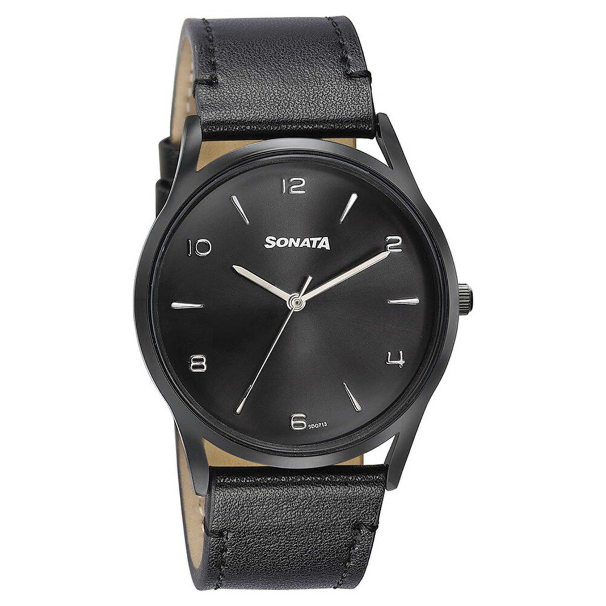 Sonata Quartz Analog Black Dial Black Leather Strap Watch For Men