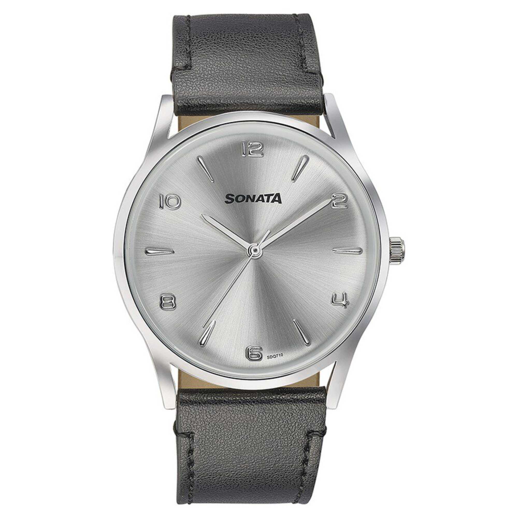 Sonata Quartz Analog Silver Dial Black Leather Strap Watch For Men