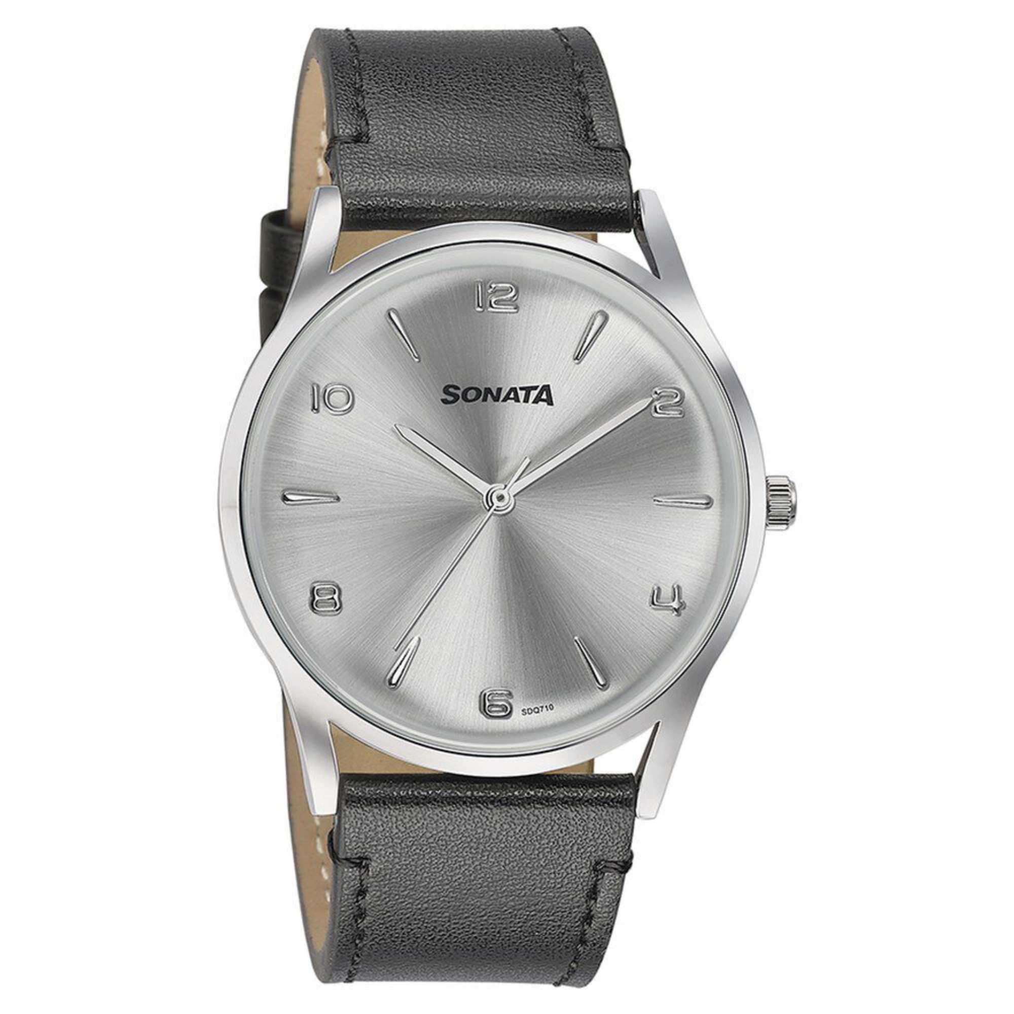 Sonata Quartz Analog Silver Dial Black Leather Strap Watch For Men