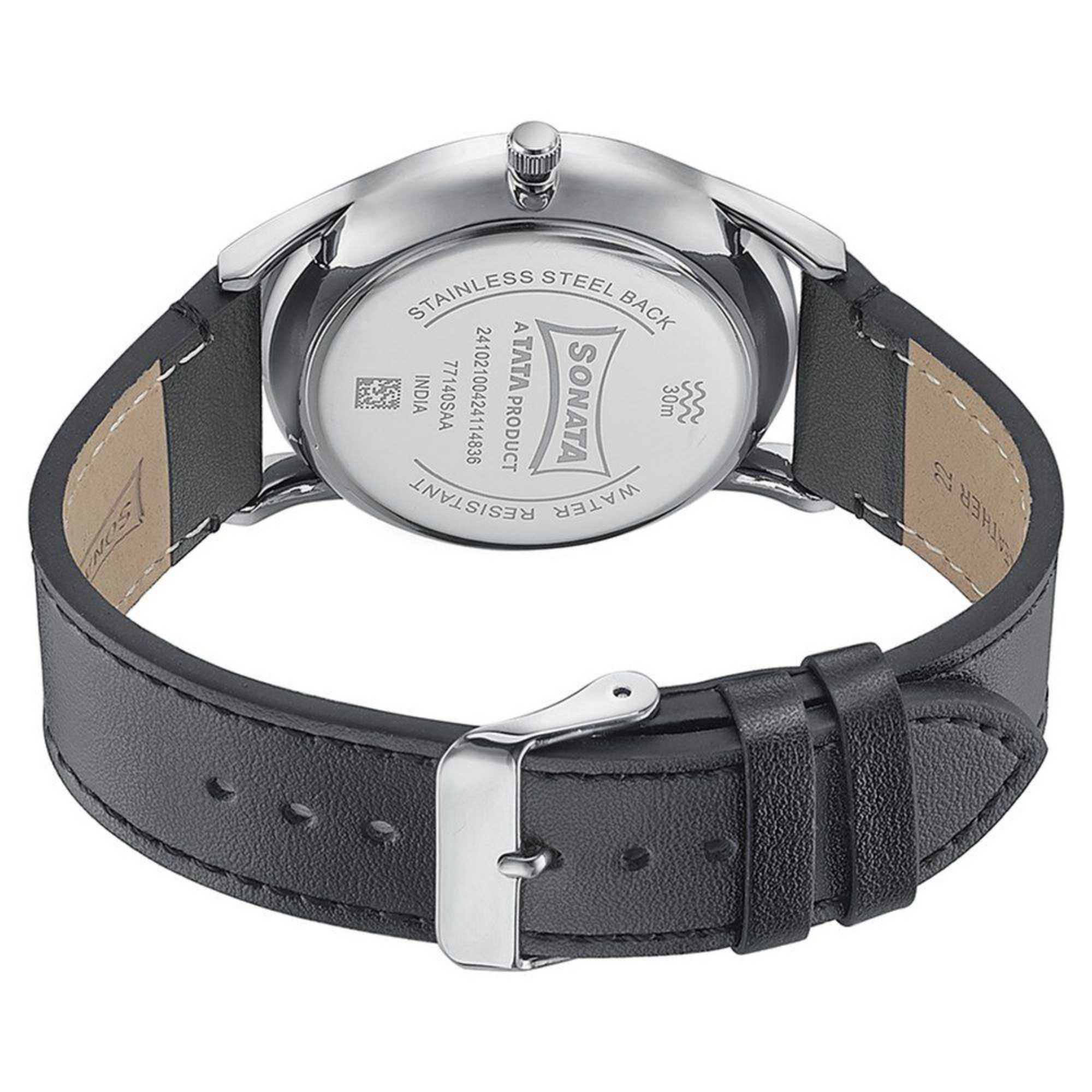 Sonata Quartz Analog Silver Dial Black Leather Strap Watch For Men