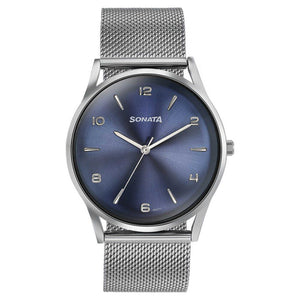 Sonata Quartz Analog Blue Dial Silver Stainless Steel Strap Watch For Men