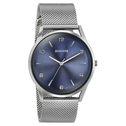Sonata Quartz Analog Blue Dial Silver Stainless Steel Strap Watch For Men