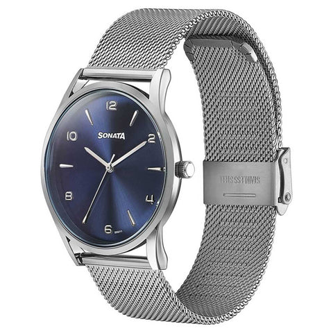 Sonata Quartz Analog Blue Dial Silver Stainless Steel Strap Watch For Men